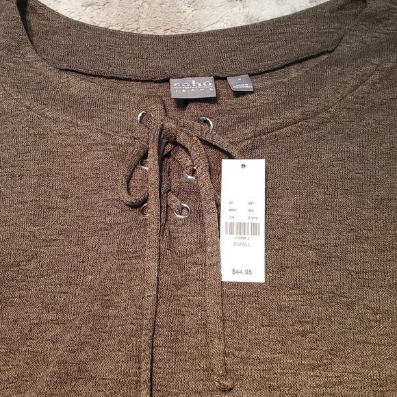 NY&C Soft Relaxed Olive Green Tie VNeck Bell Half Sleeve Knit Top Size Small - Picture 3 of 5